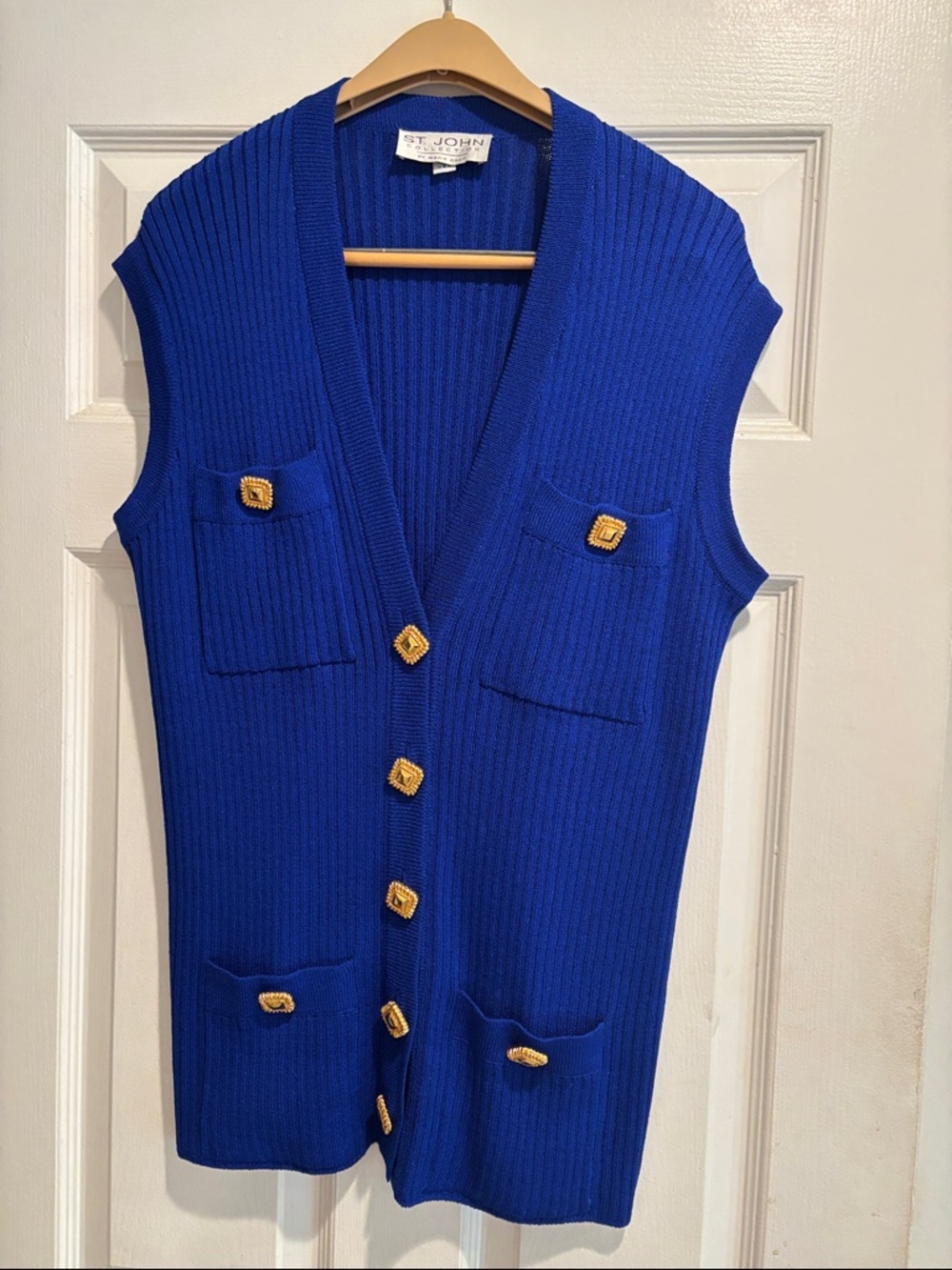 St. John Cobalt Blue Sleeveless Ribbed Cardigan with Gold Buttons
